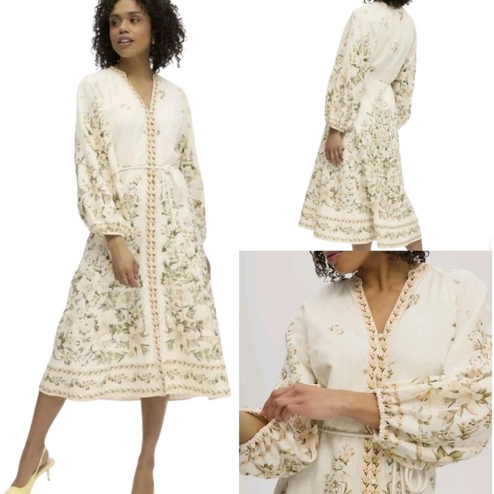 Calypso St. Barth Linen Floral Midi Dress with Long Sleeves Size XS NEW